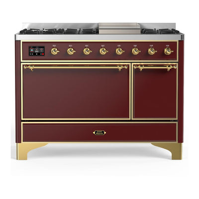 ILVE UM48FQNR3BUGLP Majestic III 48 inch Dual Fuel Range with 8 Burners and Griddle, Dual Function Burner up to 25,000 BTU (Liquid Propane, Solid Door, Burgundy, Brass)
