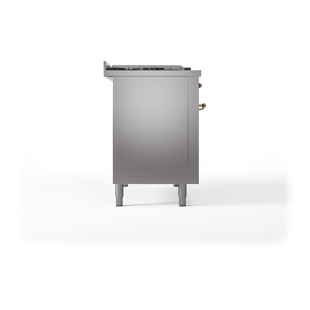 ILVE UN48FSQNMPSSG Nostalgie II Noblesse 48 inch Dual Fuel Range (5 Sealed Burners + Griddle + French Top, Natural Gas, Solid Door, Stainless Steel, Brass)