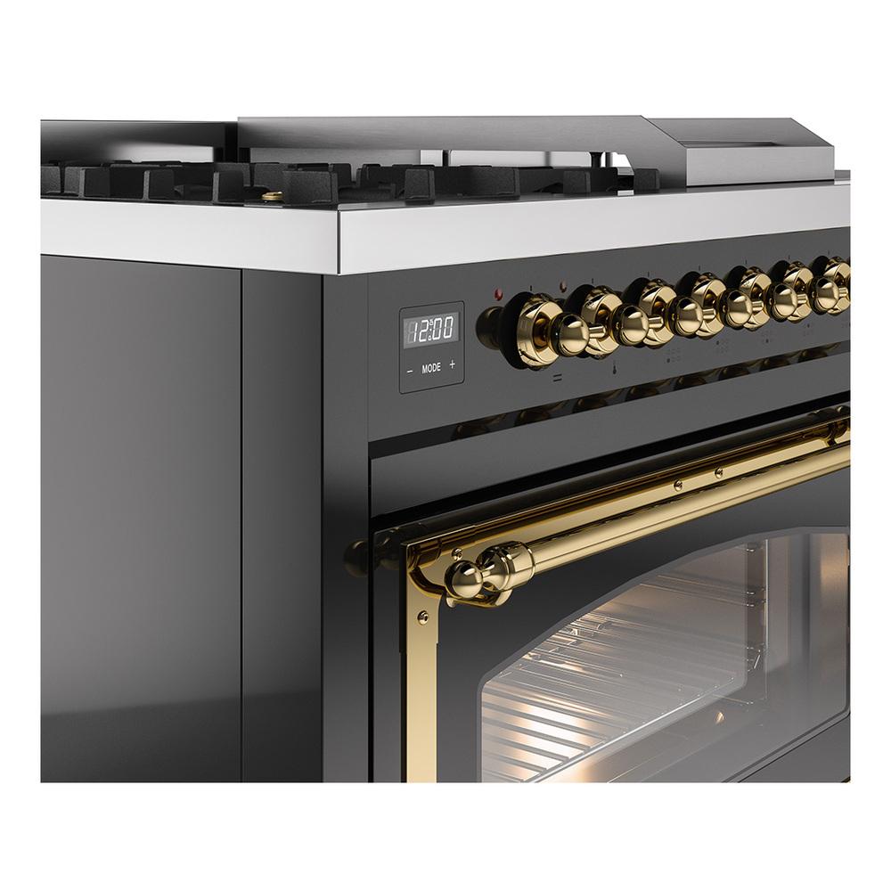 ILVE UN48FSNMPBKGLP Nostalgie II Noblesse 48 inch Dual Fuel Range (5 Sealed Burners + Griddle + French Top, Liquid Propane, Triple Glass Door, Glossy Black, Brass)