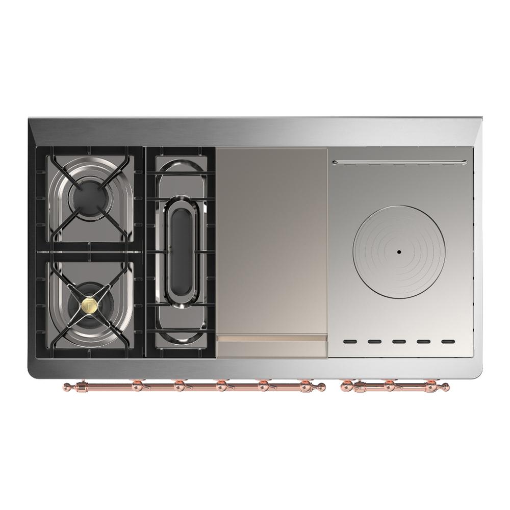 ILVE UM48FSNR3BKP Majestic III 48 inch Dual Fuel Range with 5 Black Brass Burners, Griddle and French Top, Dual Function Burner up to 25,000 BTU (Natural Gas, Triple Glass Door, Glossy Black, Copper)