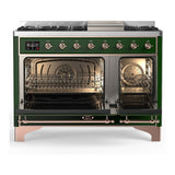 ILVE UM48FQNR3EGPLP Majestic III 48 inch Dual Fuel Range with 8 Burners and Griddle, Dual Function Burner up to 25,000 BTU (Liquid Propane, Solid Door, Emerald Green, Copper)
