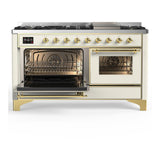 ILVE UM60FNR3AWG Majestic III 60 inch Dual Fuel Range with 9 Burners and Griddle, Dual Function Burner up to 25,000 BTU (Natural Gas, Triple Glass Door, Antique White, Brass)