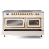 ILVE UN60FSNMPAWG Nostalgie II Noblesse 60 inch Dual Fuel Range (7 Sealed Burners + Griddle + French Top, Natural Gas, Triple Glass Door, Antique White, Brass)