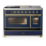 ILVE UM48FSNR3MBGLP Majestic III 48 inch Dual Fuel Range with 5 Black Brass Burners, Griddle and French Top, Dual Function Burner up to 25,000 BTU (Liquid Propane, Triple Glass Door, Midnight Blue, Brass)