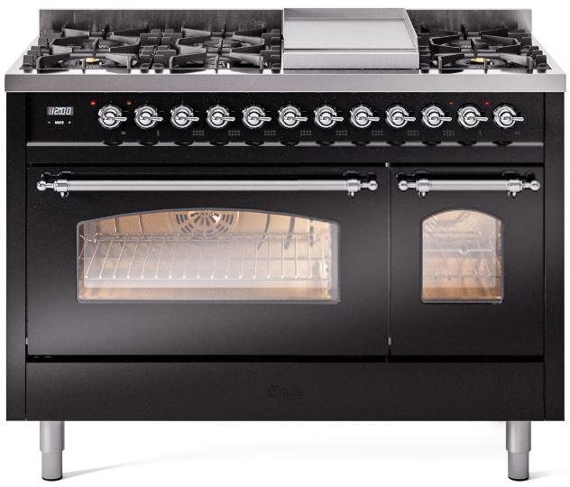 Nostalgie II 48 Inch Dual Fuel Liquid Propane Freestanding Range in Glossy Black with Chrome Trim