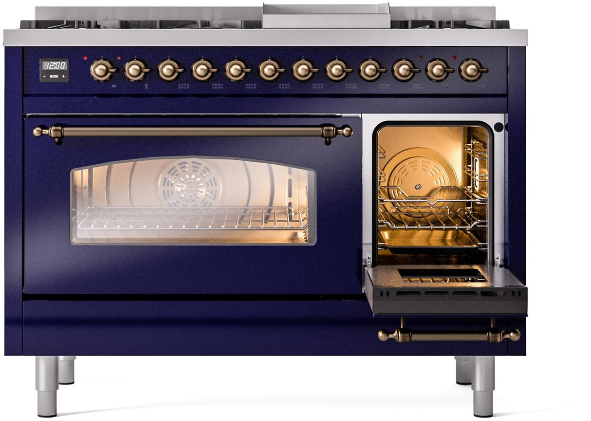 Nostalgie II 48 Inch Dual Fuel Natural Gas Freestanding Range in Blue with Bronze Trim