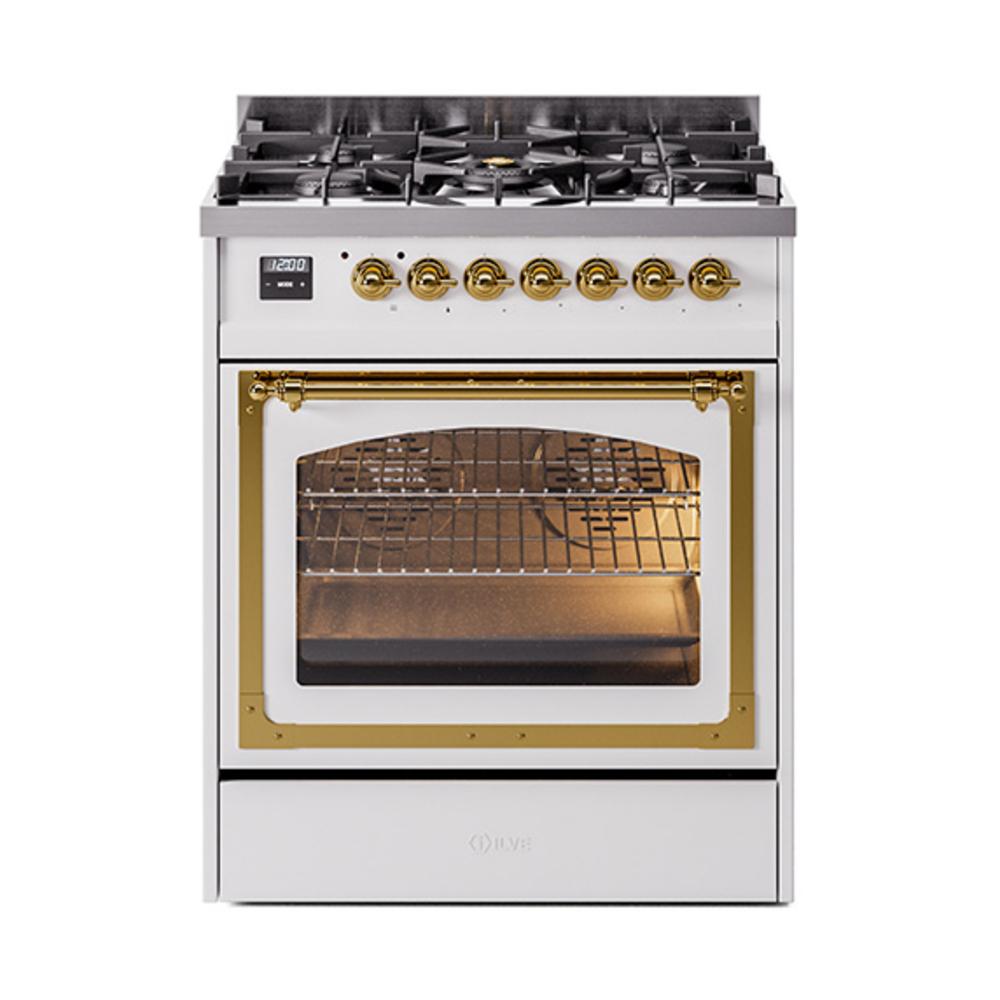 ILVE UN30NMPWHG Nostalgie II Noblesse 30 inch Dual Fuel Range (Natural Gas, Triple Glass Door, White, Brass)