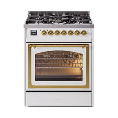 ILVE UN30NMPWHG Nostalgie II Noblesse 30 inch Dual Fuel Range (Natural Gas, Triple Glass Door, White, Brass)