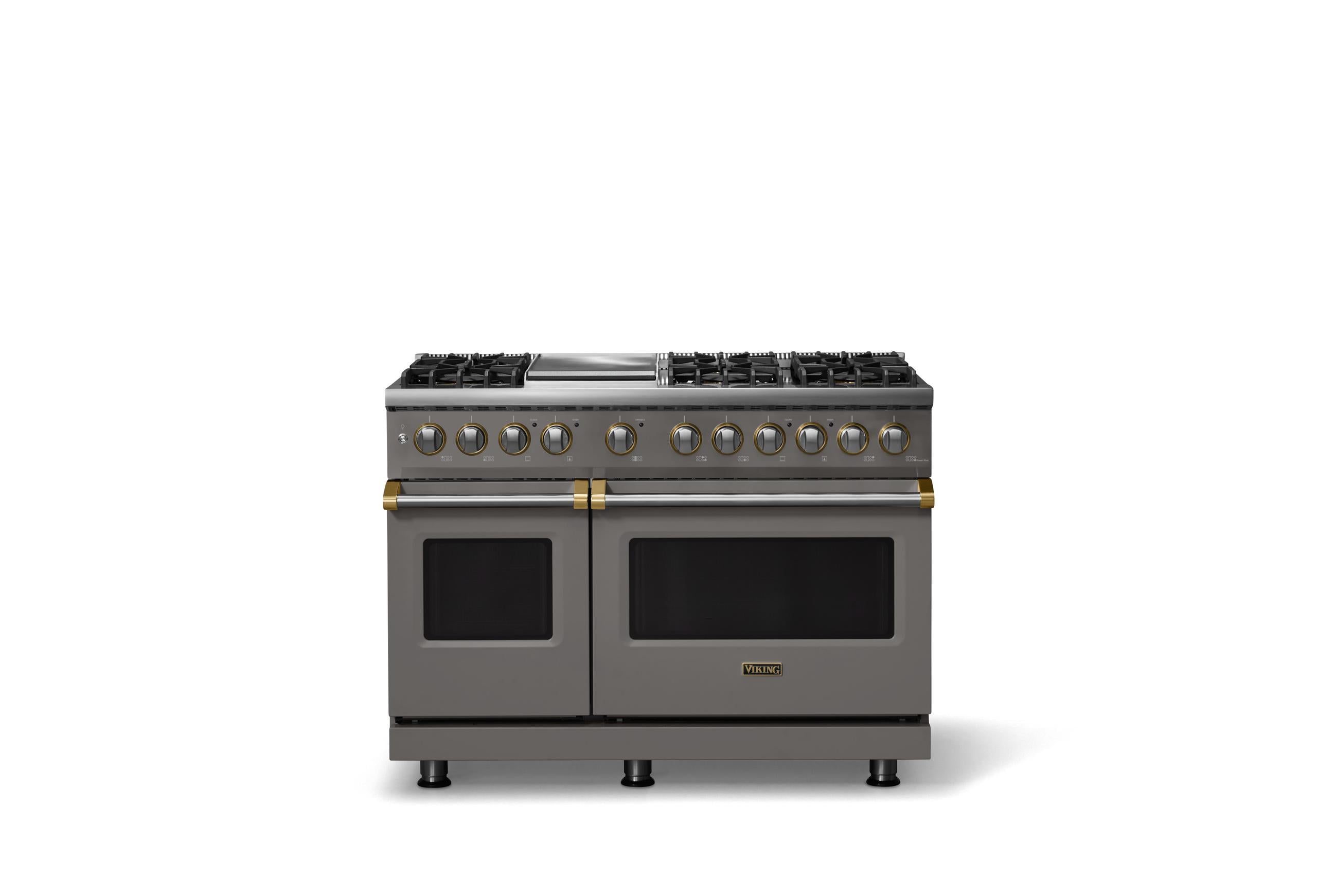 48"W. Dual Fuel Range (Burner: 6g, Finish: Damascus Gray, Trim: Brushed Brass, Fuel: Propane)