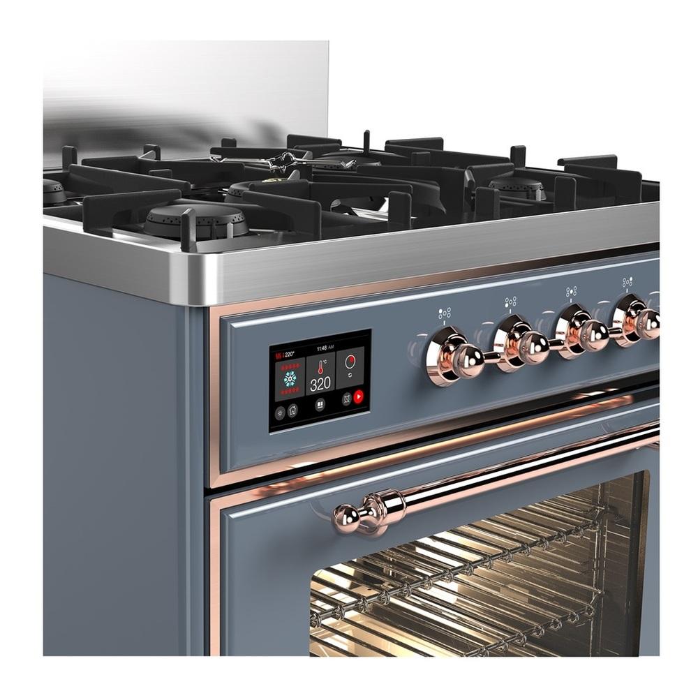 ILVE UM30NR3BGPLP Majestic III 30 inch Dual Fuel Range with 5 Black Brass Burners, Dual Function Burner up to 25,000 BTU (Liquid Propane, Triple Glass Door, Blue Grey, Copper)