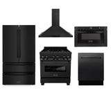 ZLINE Kitchen Package with Black Stainless Steel Refrigeration, 30" Dual Fuel Range, 30" Range Hood, Microwave Drawer, and 24" Tall Tub Dishwasher (5KPR-RABRH-MWDWV)
