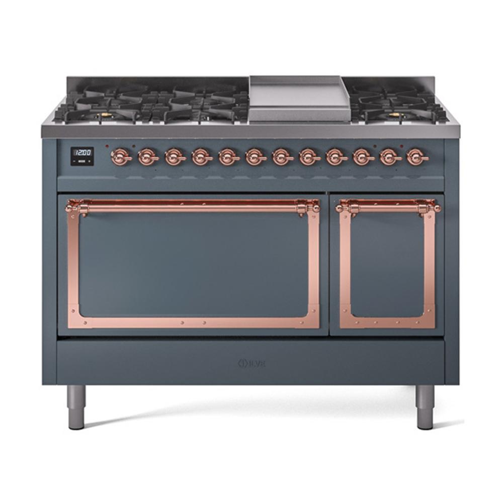 ILVE UN48FQNMPBGPLP Nostalgie II Noblesse 48 inch Dual Fuel Range (8 Sealed Burners + Griddle, Liquid Propane, Solid Door, Blue Grey, Copper)