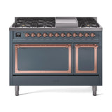 ILVE UN48FQNMPBGPLP Nostalgie II Noblesse 48 inch Dual Fuel Range (8 Sealed Burners + Griddle, Liquid Propane, Solid Door, Blue Grey, Copper)