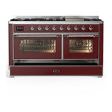 ILVE UM60FNR3BUCLP Majestic III 60 inch Dual Fuel Range with 9 Burners and Griddle, Dual Function Burner up to 25,000 BTU (Liquid Propane, Triple Glass Door, Burgundy, Chrome)