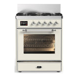 ILVE UM30NR3AWCLP Majestic III 30 inch Dual Fuel Range with 5 Black Brass Burners, Dual Function Burner up to 25,000 BTU (Liquid Propane, Triple Glass Door, Antique White, Chrome)