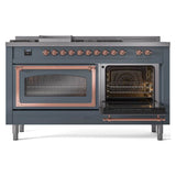 ILVE UN60FSNMPBGP Nostalgie II Noblesse 60 inch Dual Fuel Range (7 Sealed Burners + Griddle + French Top, Natural Gas, Triple Glass Door, Blue Grey, Copper)