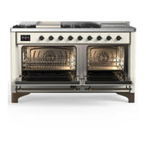 ILVE UM60FSNR3AWBLP Majestic III 60 inch Dual Fuel Range with 7 Burners, Griddle and French Top, Dual Function Burner with up to 25,000 BTU (Liquid Propane, Triple Glass Door, Antique White, Burnished)