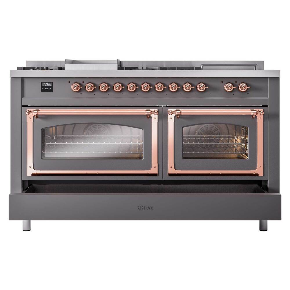 ILVE UN60FSNMPMGP Nostalgie II Noblesse 60 inch Dual Fuel Range (7 Sealed Burners + Griddle + French Top, Natural Gas, Triple Glass Door, Graphite Matte, Copper)