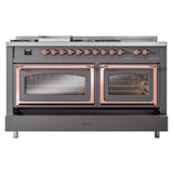 ILVE UN60FSNMPMGP Nostalgie II Noblesse 60 inch Dual Fuel Range (7 Sealed Burners + Griddle + French Top, Natural Gas, Triple Glass Door, Graphite Matte, Copper)