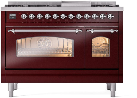 Nostalgie II 48 Inch Dual Fuel Liquid Propane Freestanding Range in Burgundy with Chrome Trim