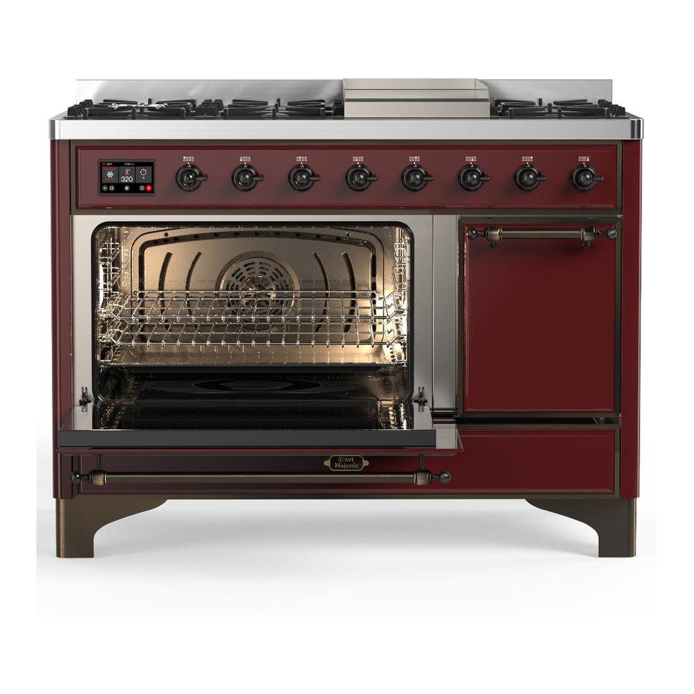 ILVE UM48FQNR3BUBLP Majestic III 48 inch Dual Fuel Range with 8 Burners and Griddle, Dual Function Burner up to 25,000 BTU (Liquid Propane, Solid Door, Burgundy, Burnished)