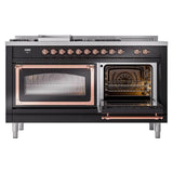 ILVE UN60FSNMPBKPLP Nostalgie II Noblesse 60 inch Dual Fuel Range (7 Sealed Burners + Griddle + French Top, Liquid Propane, Triple Glass Door, Glossy Black, Copper)