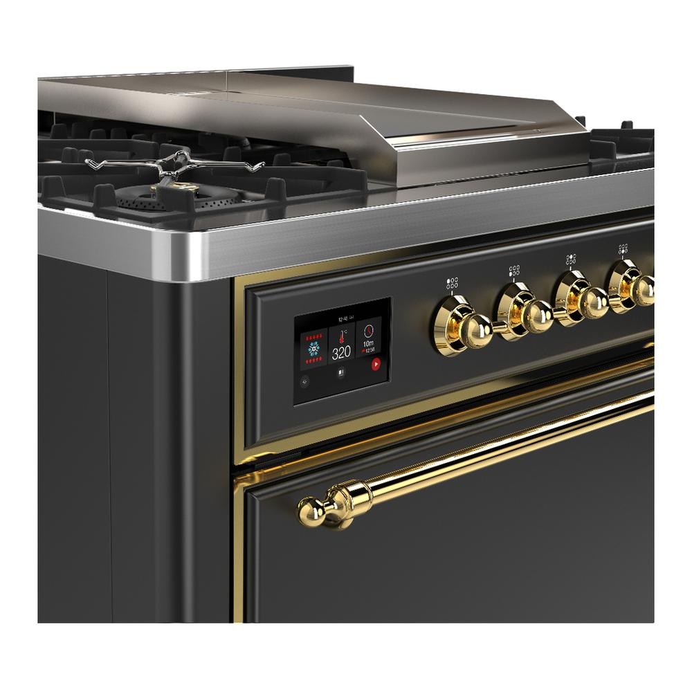 ILVE UM36FQNR3MGG Majestic III 36 inch Dual Fuel Range with 6 Black Brass Burners and Griddle, Dual Function Burner up to 25,000 BTU (Solid Door, Graphite Matte, Brass, Natural Gas)