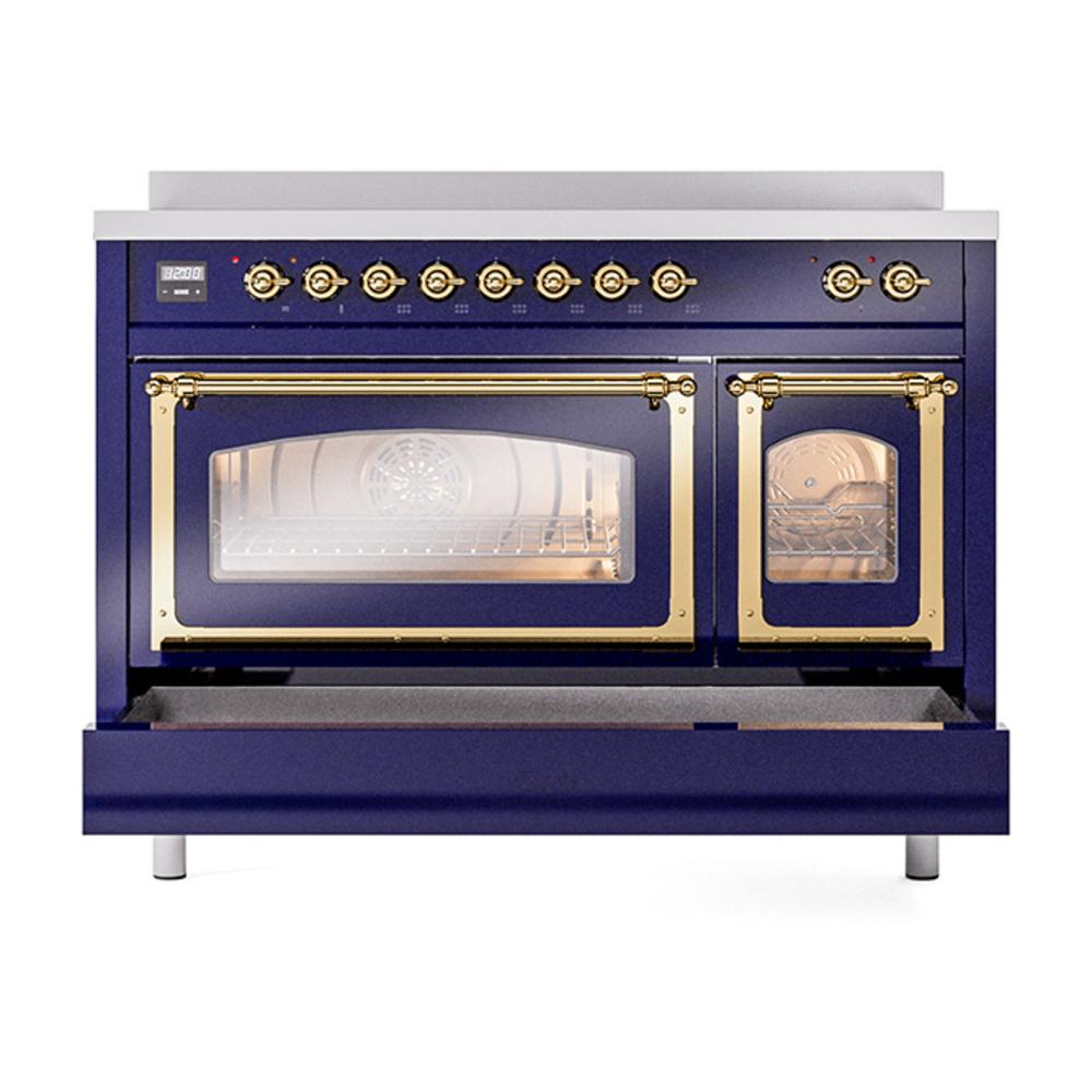 ILVE UNI486NMPMBG Nostalgie II Noblesse 48 inch Induction Range (Triple Glass Door, Midnight Blue, Brass)