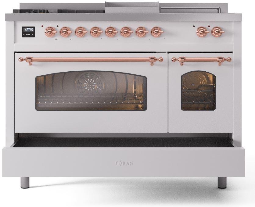 Nostalgie II 48 Inch Dual Fuel Liquid Propane Freestanding Range in White with Copper Trim