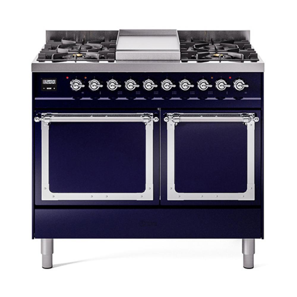ILVE UND40FQNMPMBC Nostalgie II Noblesse 40 inch Dual Fuel Range (Natural Gas, Solid Door, Midnight Blue, Chrome)