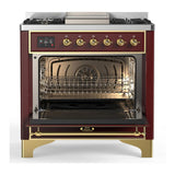 ILVE UM36FNR3BUGLP Majestic III 36 inch Dual Fuel Range with 6 Black Brass Burners and Griddle, Dual Function Burner up to 25,000 BTU (Triple Glass Door, Burgundy, Brass, Liquid Propane)