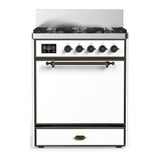 ILVE UM30QNR3WHB Majestic III 30 inch Dual Fuel Range with 5 Black Brass Burners, Dual Function Burner up to 25,000 BTU (Natural Gas, Solid Door, White, Burnished)