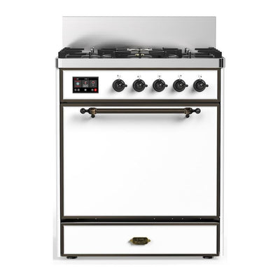 ILVE UM30QNR3WHB Majestic III 30 inch Dual Fuel Range with 5 Black Brass Burners, Dual Function Burner up to 25,000 BTU (Natural Gas, Solid Door, White, Burnished)