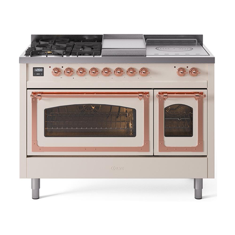 ILVE UN48FSNMPAWPLP Nostalgie II Noblesse 48 inch Dual Fuel Range (5 Sealed Burners + Griddle + French Top, Liquid Propane, Triple Glass Door, Antique White, Copper)