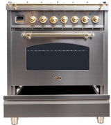 Nostalgie 30 Inch Dual Fuel Natural Gas Freestanding Range in Stainless Steel with Brass Trim