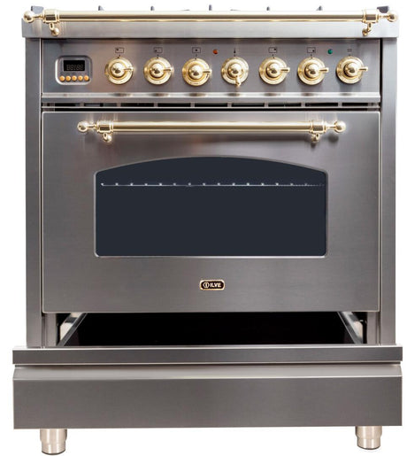 Nostalgie 30 Inch Dual Fuel Natural Gas Freestanding Range in Stainless Steel with Brass Trim
