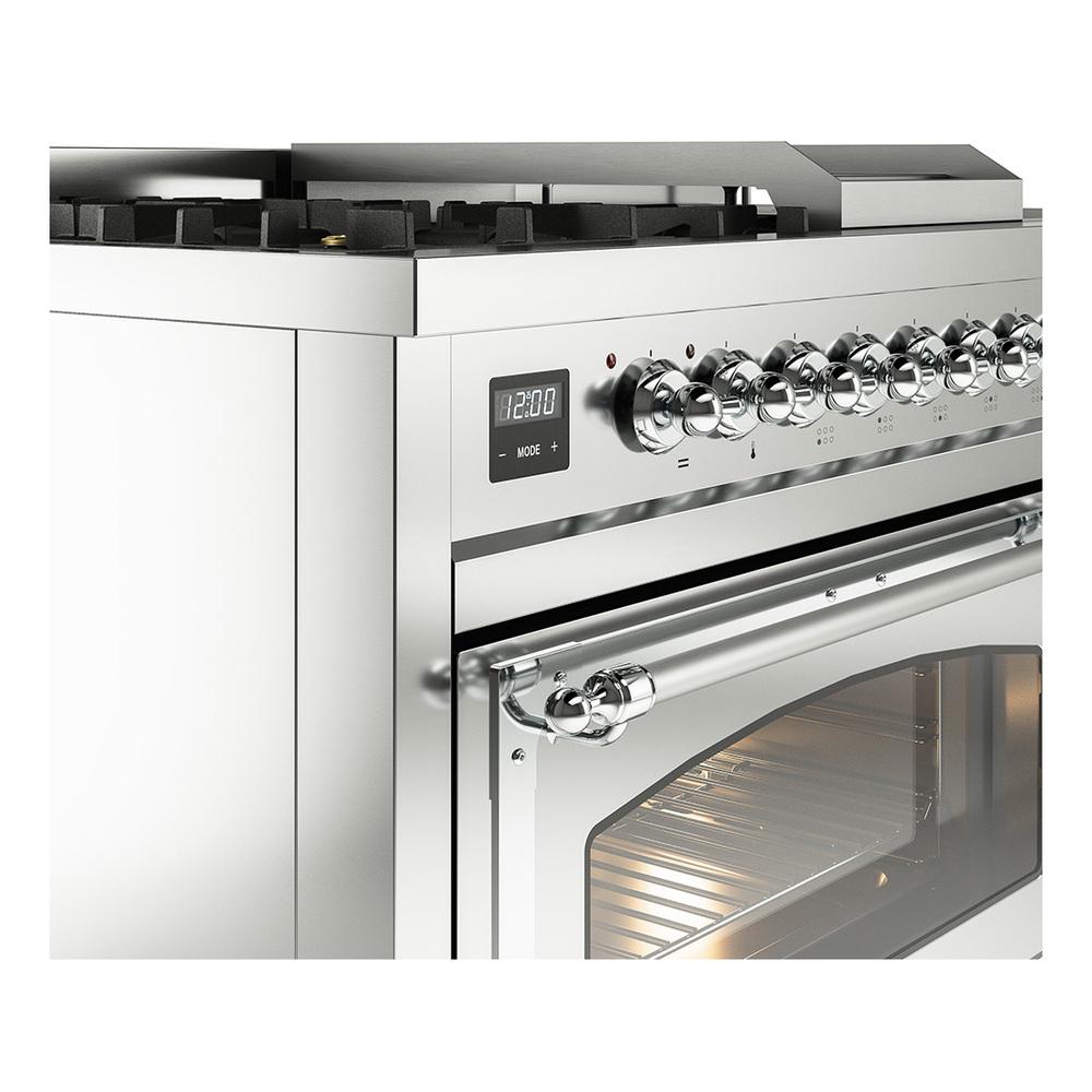 ILVE UN48FSNMPSSCLP Nostalgie II Noblesse 48 inch Dual Fuel Range (5 Sealed Burners + Griddle + French Top, Liquid Propane, Triple Glass Door, Stainless Steel, Chrome)
