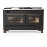 ILVE UM60FSNR3MGB Majestic III 60 inch Dual Fuel Range with 7 Burners, Griddle and French Top, Dual Function Burner with up to 25,000 BTU (Natural Gas, Triple Glass Door, Graphite Matte, Burnished)