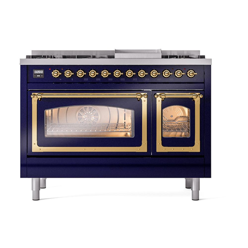 ILVE UN48FNMPMBG Nostalgie II Noblesse 48 inch Dual Fuel Range (8 Sealed Burners + Griddle, Natural Gas, Triple Glass Door, Midnight Blue, Brass)