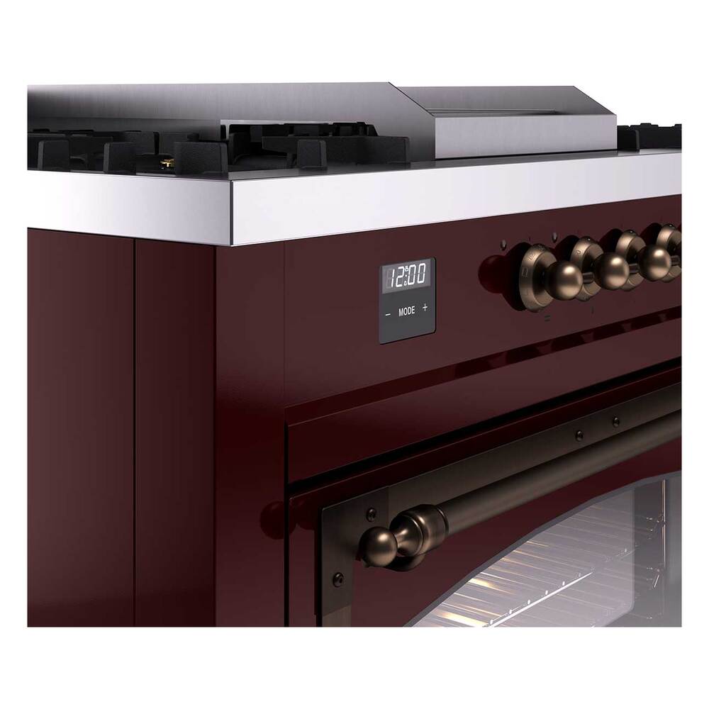 ILVE UN60FSNMPBUB Nostalgie II Noblesse 60 inch Dual Fuel Range (7 Sealed Burners + Griddle + French Top, Natural Gas, Triple Glass Door, Burgundy, Burnished)