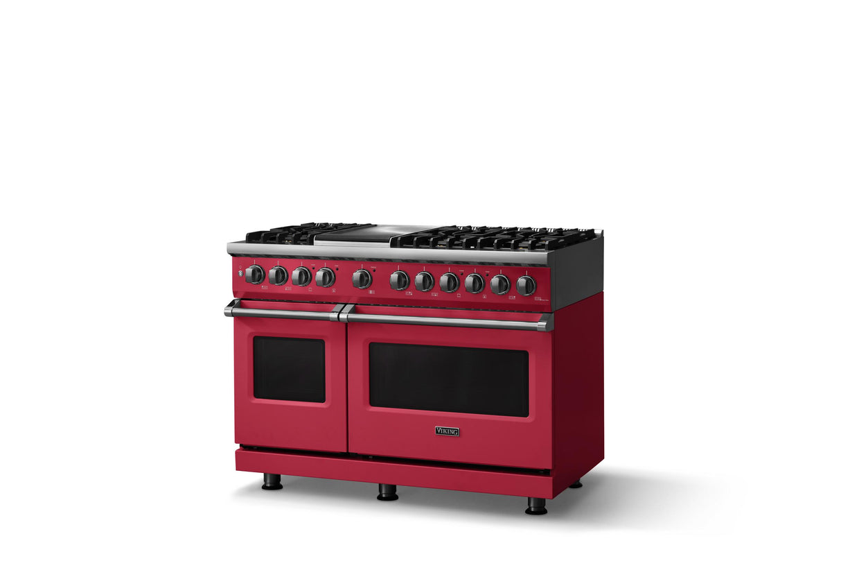 48"W. Dual Fuel Range (Burner: 6g, Finish: Valentine, Trim: Polished Chrome, Fuel: Natural Gas)