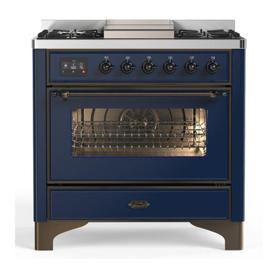 ILVE UM36FNR3MBB Majestic III 36 inch Dual Fuel Range with 6 Black Brass Burners and Griddle, Dual Function Burner up to 25,000 BTU (Triple Glass Door, Midnight Blue, Burnished, Natural Gas)