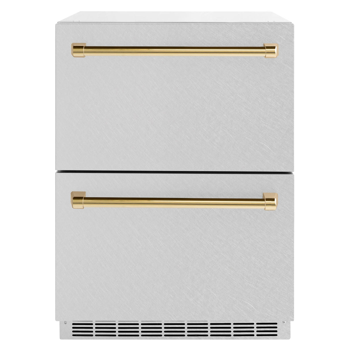 ZLINE Autograph Edition 24 in. Touchstone 168 Can Outdoor-Rated Dual Refrigerator Drawer with DuraSnow' Stainless Steel Doors and Polished Gold Handles (RDSOZ-SN-24-G)