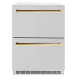 ZLINE Autograph Edition 24 in. Touchstone 168 Can Outdoor-Rated Dual Refrigerator Drawer with DuraSnow' Stainless Steel Doors and Polished Gold Handles (RDSOZ-SN-24-G)
