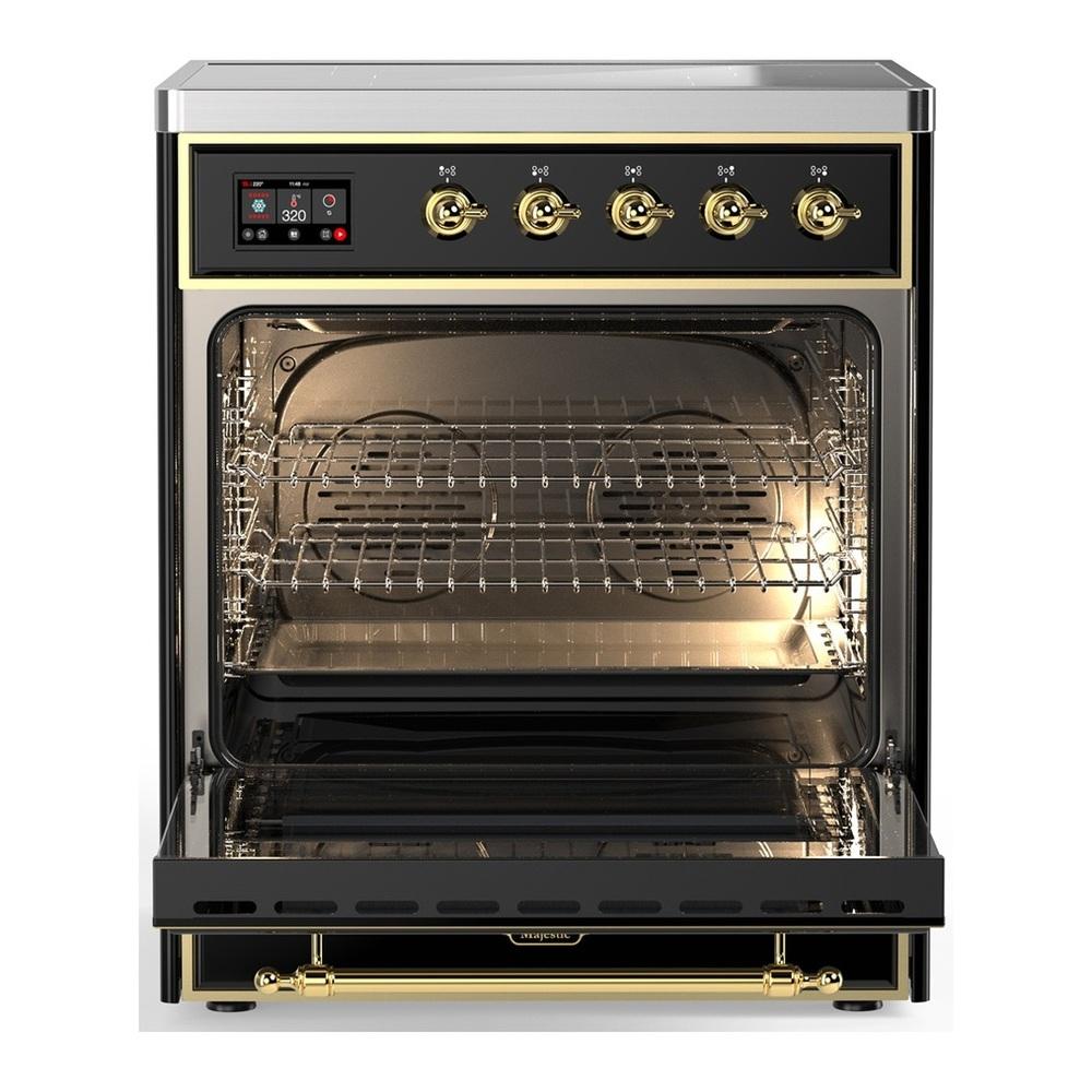 ILVE UMIB30QNR3BKG Majestic III 30 inch Induction Range with 4 Elements, 4 cu. ft. Oven Capacity (Solid Door, Glossy Black, Brass)