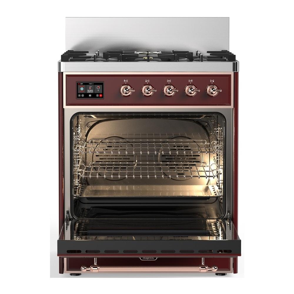 ILVE UM30QNR3BUPLP Majestic III 30 inch Dual Fuel Range with 5 Black Brass Burners, Dual Function Burner up to 25,000 BTU (Liquid Propane, Solid Door, Burgundy, Copper)