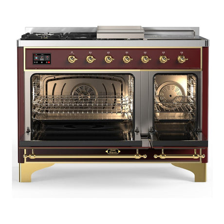 ILVE UM48FSNR3BUG Majestic III 48 inch Dual Fuel Range with 5 Black Brass Burners, Griddle and French Top, Dual Function Burner up to 25,000 BTU (Natural Gas, Triple Glass Door, Burgundy, Brass)