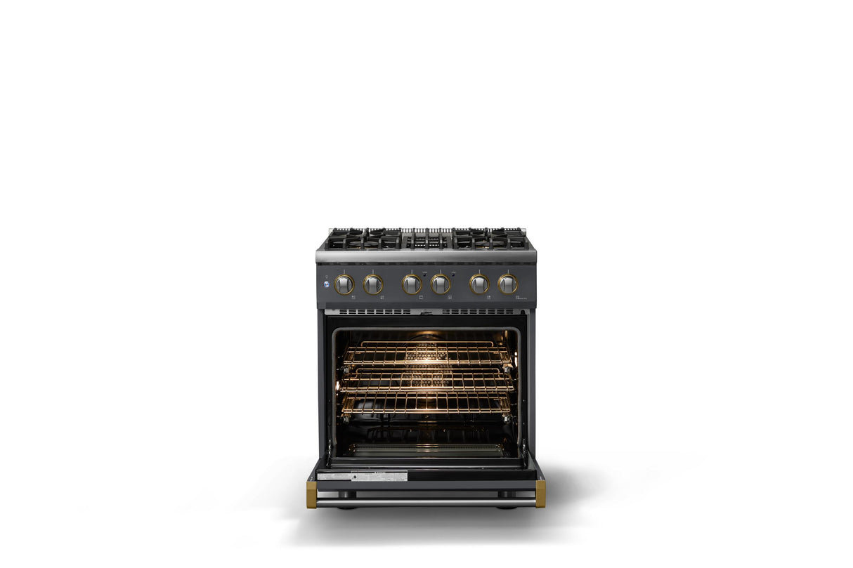 30"W. Dual Fuel Range (Finish: Cast Black, Trim: Polished Chrome, Fuel: Propane)