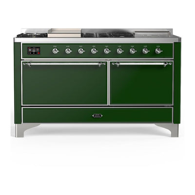 ILVE UM60FSQNR3EGCLP Majestic III 60 inch Dual Fuel Range with 7 Burners, Griddle and French Top, Dual Function Burner with up to 25,000 BTU (Liquid Propane, Solid Door, Emerald Green, Chrome)