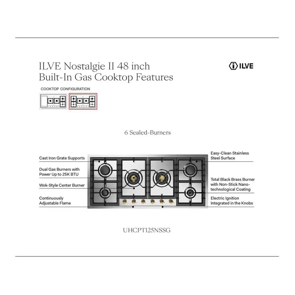 ILVE UHCPT125NSSCLP Nostalgie II 48 inch Built-In Gas Cooktop with Total Black Brass Burners, in Stainless Steel (6 Sealed Burners, Liquid Propane, Chrome)